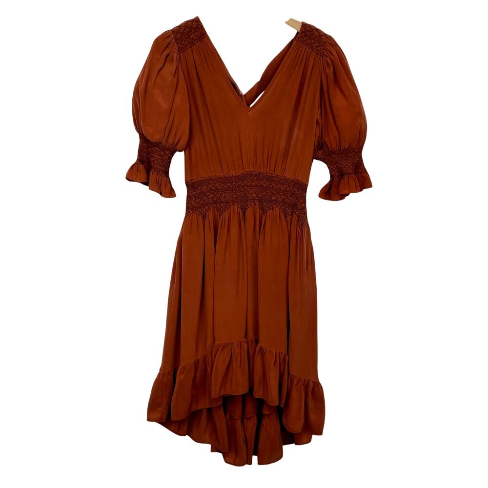 LOVE SAM Blixen 100% Silk Smocked Dress Sz S Cognac Brown Ruffles Boho Cowgirl